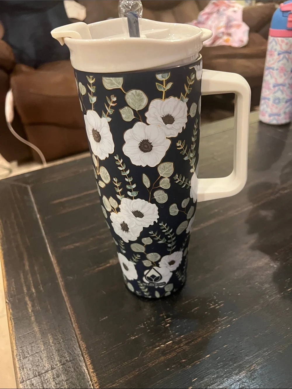 Simply Belle Navy Floral Travel Mug with Cream Handle and Lid
